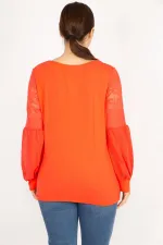 Kadın Nar Büyük Beden Kolları Tül Dantel Detaylı Tunik