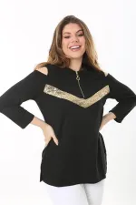 Kadın Büyük Beden Siyah Omuz Dekolteli Robası Fermuarlı Payet Detaylı Bluz 65N37509