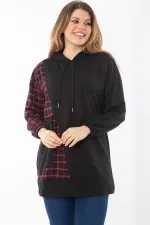 Kadın Büyük Beden Siyah Ekose Garnili Kapşonlu Sweatshirt 65N37289