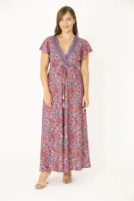 Kadın Büyük Beden Renkli Anvelop Yakalı Bel Bağcıklı Elbise 65N36878