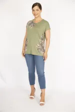 Kadın Haki Büyük Beden Bisiklet Yakalı Ön Baskılı Kısa Kol Bluz