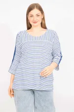 Kadın Saks Büyük Beden Pamuklu Kumaş Çizgi Kombinli Bluz 65N35572