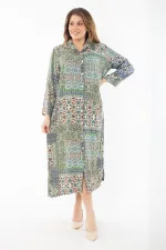 Kadın Büyük Beden Renkli Dokuma Viskon Kumaş Ön Düğmeli Elbise 65N37351