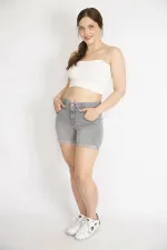 Kadın Gri Büyük Beden Duble Paça Likralı Kot Şort