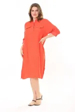 Kadın Büyük Beden Nar Ön Pat Düğmeli Süs Göğüs Cepli Kol Boyu Ayarlı Elbise 65N37871