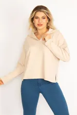 Women's Beige Hooded Side Slit Lycra Sweatshirt 65N34750