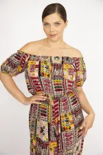 Kadın Bordo Büyük Beden Yaka Beli Lastik Detaylı Dokuma Viskon Kumaş Renkli Tulum