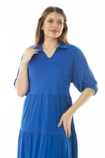 Kadın Büyük Beden Saks Yakalı Kol Ağzı Lastik Detaylı Katlı Uzun Elbise 65N37071