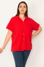 Kadın Kırmızı Apaşe Yaka Ön Düğmeli Kısa Kollu Gömlek 65N31391