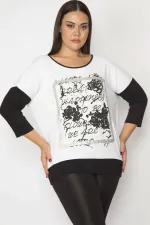 Kadın Beyaz Önü Baskı Ve Taş Detaylı İki Renkli Tunik 65N29337