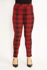 Kadın Kırmızı Ekose Desenli Süs Fermuar Cepli Tayt 65N34640