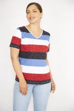 Kadın Renkli Büyük Beden Pamuklu Kumaş V Yakalı Kısa Kollu Bluz