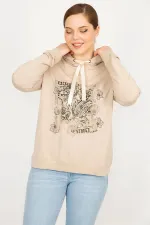Kadın Vizon Büyük Beden Kapşonlu Baskı Ve Taş Detaylı Sweatshirt