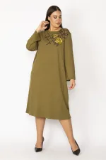 Kadın Haki Nakış Ve Payet Detaylı Uzun Kollu Elbise 65N28729