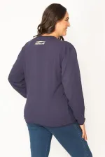 Women's Navy Blue Cotton Fabric Sleeve Applique Sweatshirt 65N31025