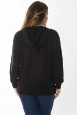 Kadın Büyük Beden Siyah Aplike Dantel Ve Kapşon Detaylı Kanguru Cepli Sweatshirt 65N37015