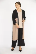 Kadın Büyük Beden İndigo Hırka İç Bluz Ve Pantolon Üçlü Takım