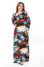 Kadın Büyük Beden Mavi Yaka Bağcıklı Uzun Kollu Maksi Boy Elbise 65N37869