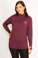 Kadın Bordo Ön Pat Fermuarlı Kol Altı Tül Detaylı Spor Sweatshirt 65N34762