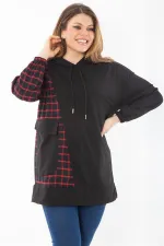 Kadın Büyük Beden Siyah Ekose Garnili Kapşonlu Sweatshirt 65N37289