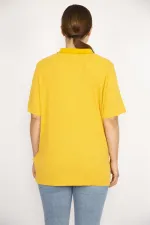 Kadın Hardal Büyük Beden Polo Yaka Ön Pat Düğmeli Kaşkorse Kumaş Kısa Kollu Bluz
