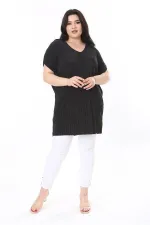 Kadın Büyük Beden Siyah V Yakalı Düşük Kollu Uzun Bluz 65N37999