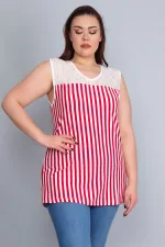 Kadın Kırmızı Robası Dantel Detaylı Çizgili Viskon Bluz 65N22750