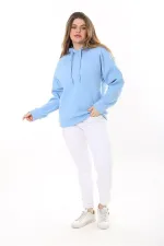 Kadın Büyük Beden Bebe Mavisi İçi Şardonlu 3 İplik Kumaş Kapşonlu Sweatshirt 65N37575