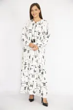 Kadın Beyaz Büyük Beden Dokuma Viskon Kumaş Etek Ucu Katlı Uzun Kollu Elbise