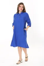 Kadın Büyük Beden Nar Ön Pat Düğmeli Süs Göğüs Cepli Kol Boyu Ayarlı Elbise 65N37871