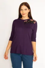 Kadın Mor Aplike Ve Tül Detaylı Bluz 65N34575