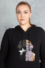 Kadın Siyah Ön Baskı Ve Taş Detaylı Kapşonlu Sweatshirt 65N18832