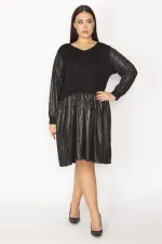 Kadın Siyah Etek Kısmı Ve Kolları Lak Detaylı Viskon Elbise 65N29932