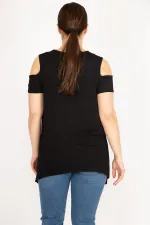 Kadın Saks Büyük Beden Omuz Dekolteli Asimetrik Kesim Viskon Bluz