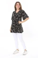 Kadın Büyük Beden Siyah Önü A Pileli V Yakalı Tunik 65N37793