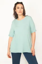 KADIN YEŞİL ÖNÜ TAŞ DETAYLI DUBLE KOL BLUZ