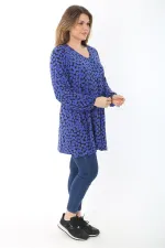 Kadın Büyük Beden Saks Önü A Pileli V Yakalı Bluz 65N37467