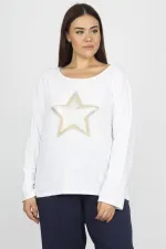 KADIN KEMİK PAMUKLU KUMAŞ PAYET VE BASKI DETAYLI BLUZ