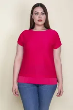 Kadın Fuşya Etek Ucu Düz Krep Düşük Kollu Kendinden Çizgili Bluz 65N26139