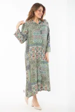 Kadın Büyük Beden Renkli Dokuma Viskon Kumaş Ön Düğmeli Elbise 65N37351