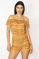 KADIN ORANJ VOLAN DETAYLI İP ASKILI KISA ŞORTLU TULUM