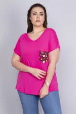 Kadın Fuşya Cebi Yazma Desen Tül Detaylı Düşük Kol Viskon Bluz 65N22702