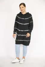 Kadın Büyük Beden Siyah Batik Desenli Kapşonlu Uzun Sweatshirt