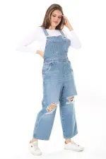 Kadın Büyük Beden Mavi Yırtık Detaylı Kot Salopet 65N37889