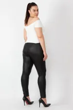 Women's Black Leather Look Elastic Waist Leggings Trousers 65N16748
