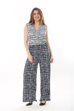 Kadın Büyük Beden Lacivert Anvelop Yakalı Geniş Paçalı Beli Lastikli Tulum 65N37635