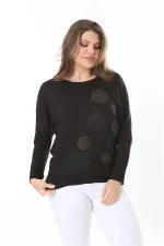 Kadın Büyük Beden Siyah Taş Detaylı Yarasa Kol Bluz 65N37805