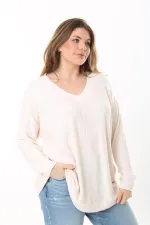 Kadın Büyük Beden Pudra V Yakalı Kendinden Çizgili Uzun Kollu Tunik 65N37527