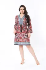 Kadın Büyük Beden Renkli V Yakalı Desenli Elbise 65N38846