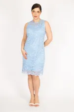 Kadın Bebe Mavisi Büyük Beden Astarlı Dantel Abiye Elbise